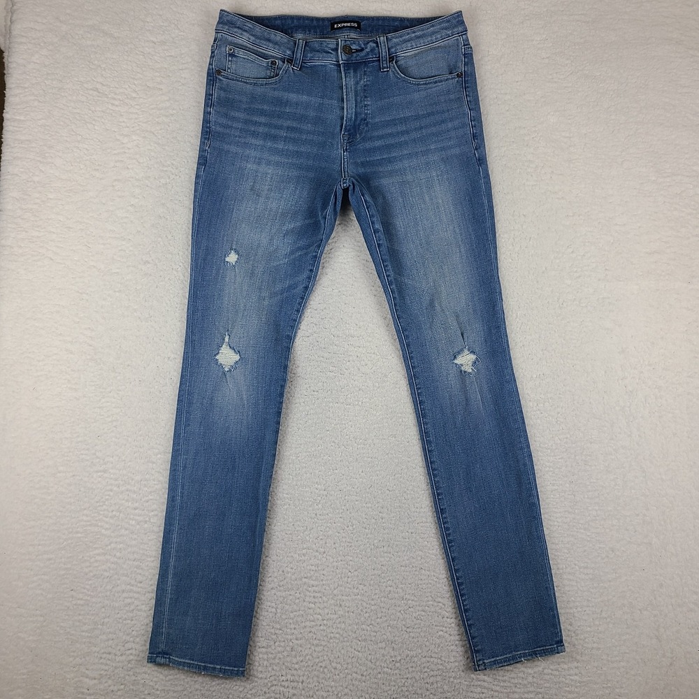 EXPRESS Jeans Mens 32x34 Blue Skinny 4 Way Hyper Stretch Distress Light Wash